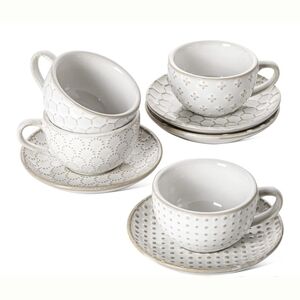 Le Tauci NWT 8pc Set 3oz Ceramic Espresso Cups With Saucer Plates In Cream